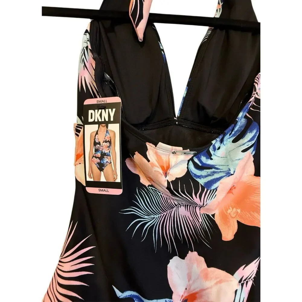 NWT DKNY Women’s Halter Neck 1 Piece Floral Swimsuit Small Cruise Tropical - Picture 4 of 9